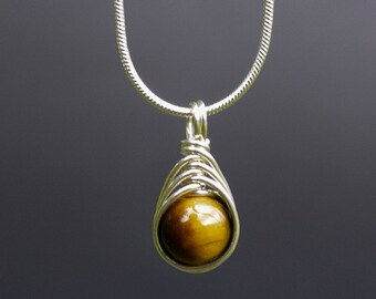 Handmade 925 Sterling Silver Tiger's Eye Pendant fishbone wire wrap unique special gift