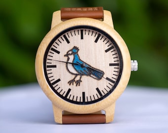 Blue jay bird watch quartz analog wristwatch bamboo wood genuine leather strap funny gift