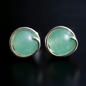 Aventurine stud earrings, 925 sterling silver earrings, Gemstone earrings, Wire-wrapped earrings, Silver wire earrings