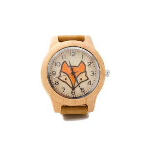 Fox wooden watch bamboo gift genuine leather strap