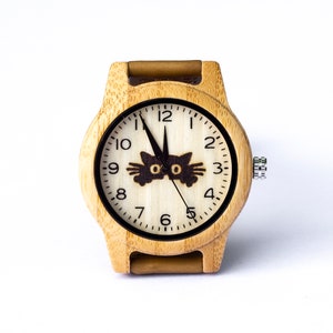 Cat kittycat kitty watch quartz analog wristwatch bamboo wood genuine leather strap funny gift