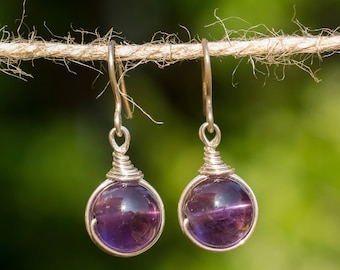 Handmade 925 sterling silver Amethyst gemstone bead drop earrings unique gift