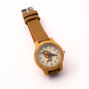 Robin bird watch quartz analog wristwatch bamboo wood genuine leather strap funny gift image 2