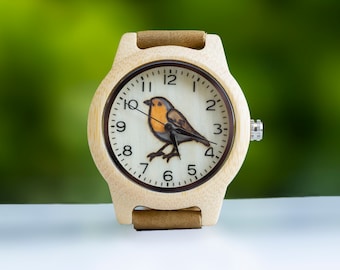 Robin bird watch quartz analog wristwatch bamboo wood genuine leather strap funny gift