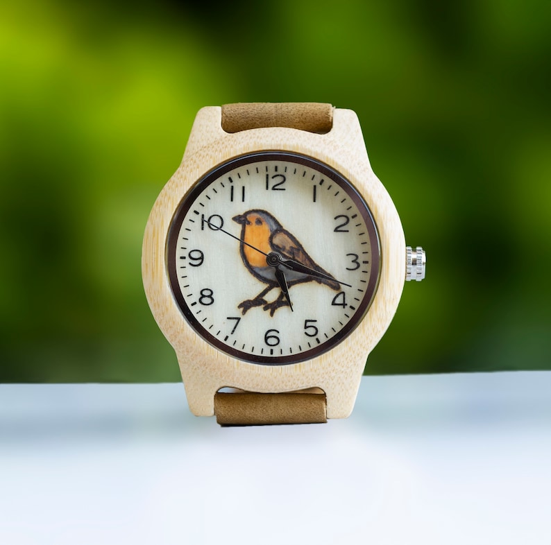 Robin bird watch quartz analog wristwatch bamboo wood genuine leather strap funny gift image 1