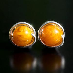 Amber stud earrings, Baltic amber earrings, 925 sterling silver earrings, Gemstone earrings, Wire-wrapped earrings, Silver wire earrings