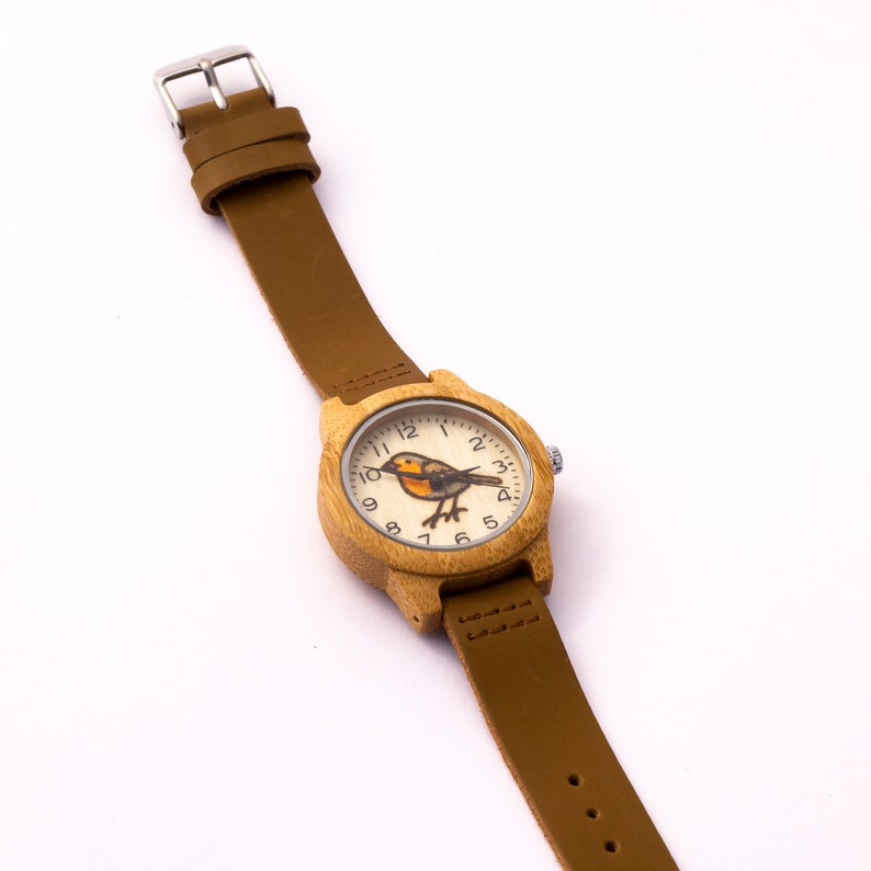 Robin bird watch quartz analog wristwatch bamboo wood genuine leather strap funny gift image 3