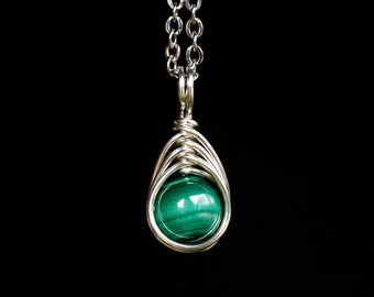 Handmade 925 Sterling Silver Malachite Pendant fishbone wire wrap unique special gift