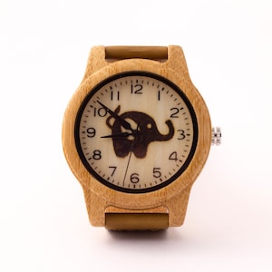 Elephant watch wristwatch bamboo wood genuine leather strap cute unisex gift