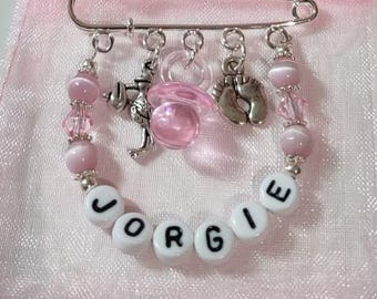 Baby's Personalised Nappy Bag Pin / Pram Charm Gift Available In Pink Or Blue, Please Choose Design Required When Ordering