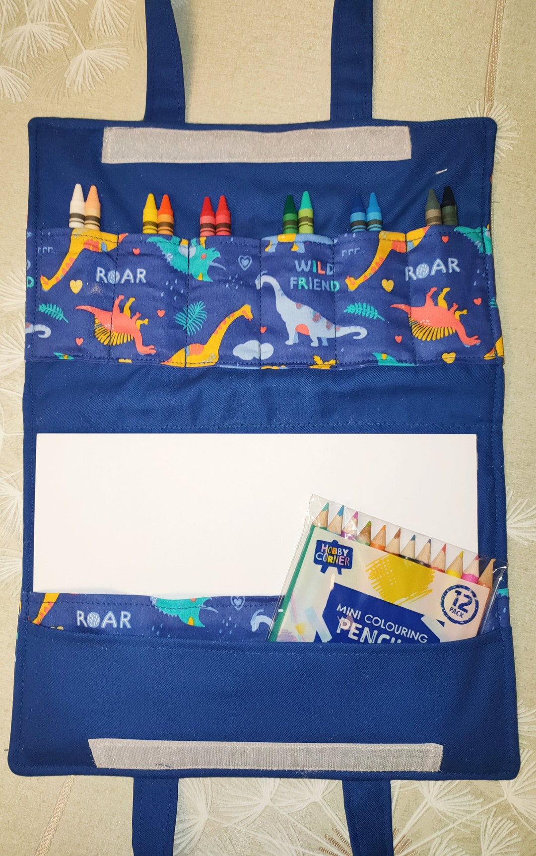 Children's Blue Dinosaur Fabric Fold up Travel Colouring Book Carry Case,,birthday Gift ...