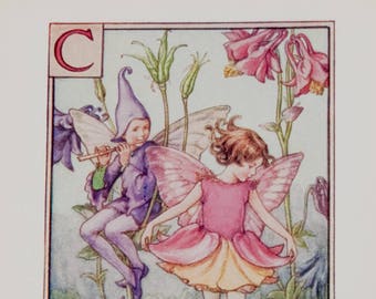 Original Flower Fairy Alphabet letter C, Columbine, Cicley mary Barker flower fairies, vintage monogram print, c 1940, nursery decor