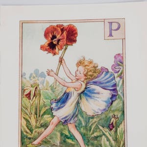 Alfabeto de hadas de flores original, letra P, pensamiento, hadas de flores de Cicley Mary Barker, impresión de monograma vintage, década de 1940, decoración de guardería