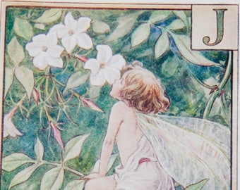 Original Flower Fairy Alphabet letter J, Jasmine, Cicley mary Barker flower fairies, vintage monogram print, c 1940, nursery decor