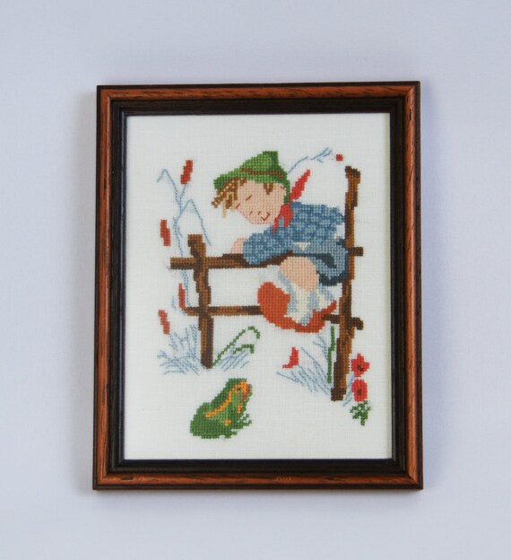 Vintage Hummel Boy Needlepoint In Wooden Frame And 50