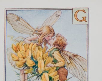 Original Flower Fairy Alphabet letter G, Gorse, Cicley mary Barker flower fairies, vintage monogram print, c 1940, nursery decor