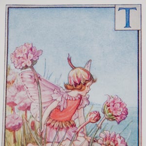 Letra T del alfabeto de hadas de las flores original, compra en tienda de segunda mano, hadas de las flores de Cicley Mary Barker, impresión de monograma vintage, década de 1940, decoración de guardería