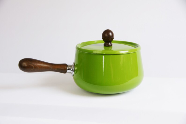 Vintage green fondue pot with lid enamel fondue pot wooden Etsy