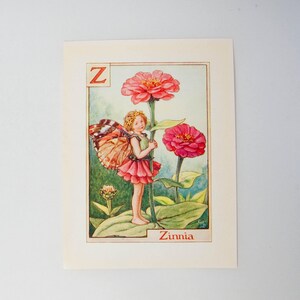 Original flower fairy alphabet letra Z, Zinnia, Cicley mary Barker hadas de flores, impresión de monograma vintage, década de 1940, decoración de vivero