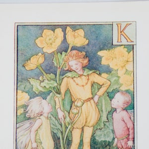 Alfabeto de fada de flor original letra K, Kingcup, fadas de flores Cicley mary Barker, impressão de monograma vintage, c 1940, decoração de berçário