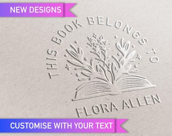 Book Embosser Library Of / Ex Libris Stamp. Ink Stamp. Book Seals. Customisable book plate. Gifts for readers. Book with Floral Flourish.