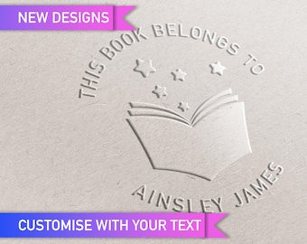 Library of Book Embosser Ex Libris Stamp. Ink Stamp. Book Seals. Customisable book plate. Gifts for readers. Book and Stars Design.