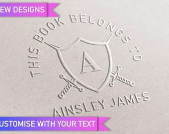 Book Embosser Crossed Sword and Shield Ex Libris Library of Ink Stamp. Book Seals. Customisable book plate. Gifts for readers fantasy design