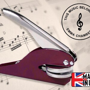 Maroon sheet music embossing stamp, treble clef musical note logo, music library embosser seal, personalised monogram embosser, music gifts