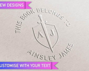 Book Embosser Sword and Shield Ex Libris Stamp. Library of Ink Stamp. Book Seals. Customisable book plate. Gifts for readers. Fantasy Design