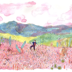 May include: A watercolor illustration depicts a person with a backpack walking through a vast field of pink and red grasses. In the background, rolling blue and green hills are set against a sky filled with soft, light pink clouds.