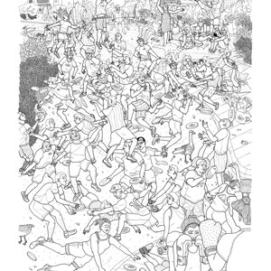 May include: A black and white illustration of a group of people playing frisbee. The people are in various poses, some are throwing the frisbee, some are catching it, and some are just watching. There are many frisbees in the air and on the ground. The illustration is set in an urban environment with buildings in the background.