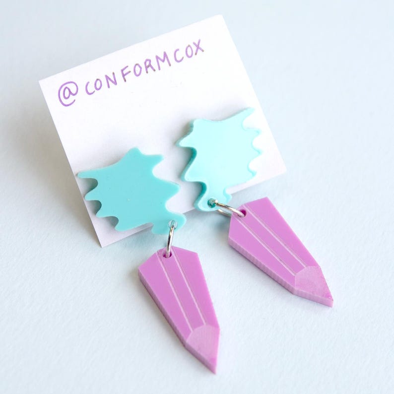 Earrings 'Pencils Scissors' - Potlood, schaar, pencil, scissors mint pink pencil