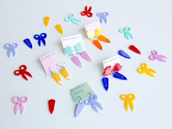 Earrings 'Pencils Scissors' - Potlood, schaar, pencil, scissors