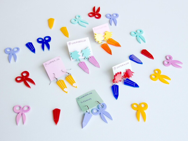 Earrings 'Pencils Scissors' - Potlood, schaar, pencil, scissors image 1