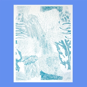 May include: A rectangular art print on white paper featuring a teal ink illustration. The design consists of various abstract textures, including repeating feather-like shapes, dense cross-hatching, and organic, flowing line patterns.