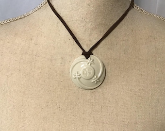 Vintage Ceramic Pendant Necklace, Floral Asian Symbol, Brown Cord