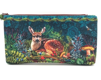 quality short velvet pencil case with fawn pattern in the undergrowth, Odile Bailloeul pattern pencil case, Mother's Day gift, women's gift