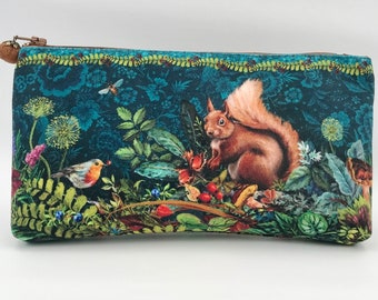 quality short velvet pencil case with hedgehog and squirrel motif, Odile Bailloeul motif pencil case, handmade velvet pouch in France