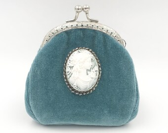 duck blue velvet purse with cameo and metal clasp, home decor, pocket, vintage purse, retro purse