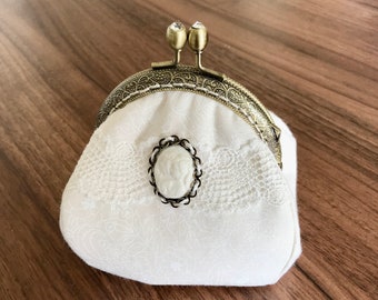 retro coin purse Calais lace cameo metal clasp, wedding purse, Mother's Day gift, home decor, handmade in France