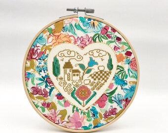 decorative frame in heart-shaped cross-stitch embroidery and liberty fabric, embroidered wall drum, home decor, gift idea, handmade in France