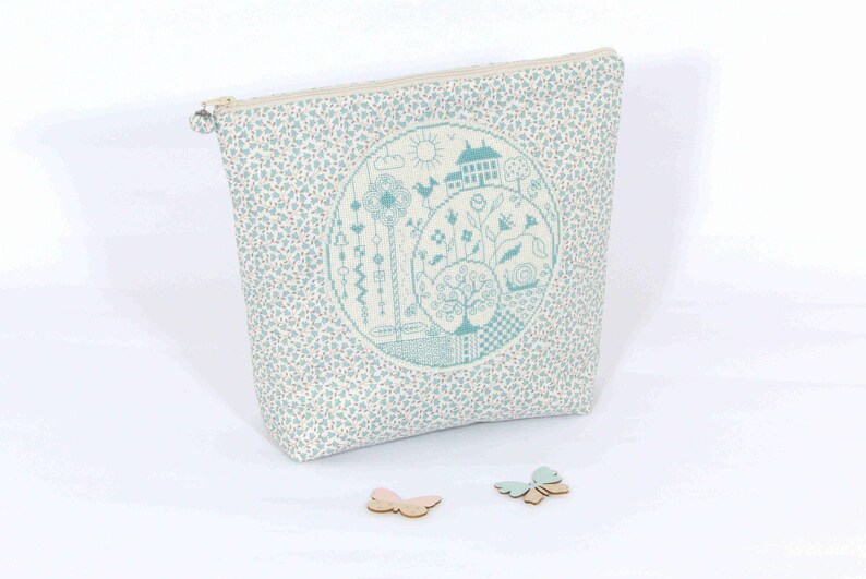 handmade kit Large cotton fabric kit of finely floral soft green patterns on beige background hand embroidery kit