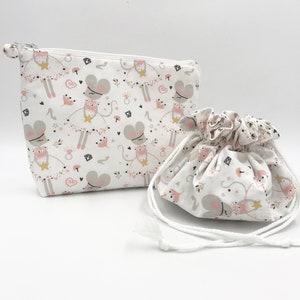 bourse bijoux et trousse assortie , lot voyage , idée cadeau femme , cadeau femme pratique , lot de toilette coton fait main en France