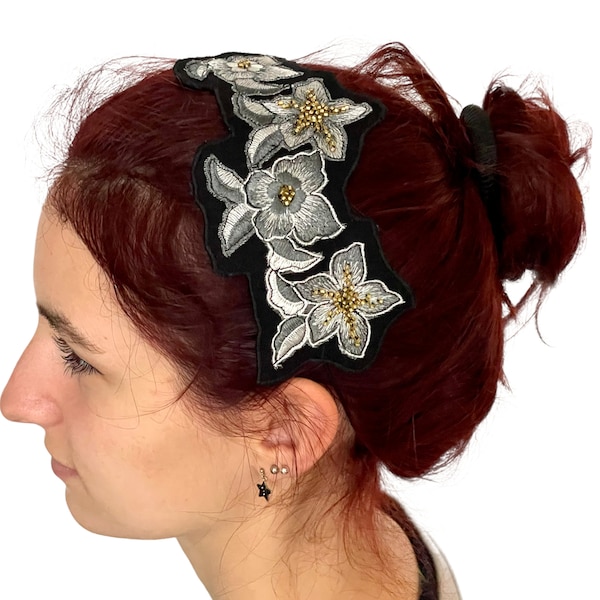 Bijou de cheveux noir pour femme brodé et perlé