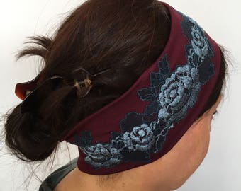 Burgundy or navy blue wide jersey headband embroidered with a two-colored lace
