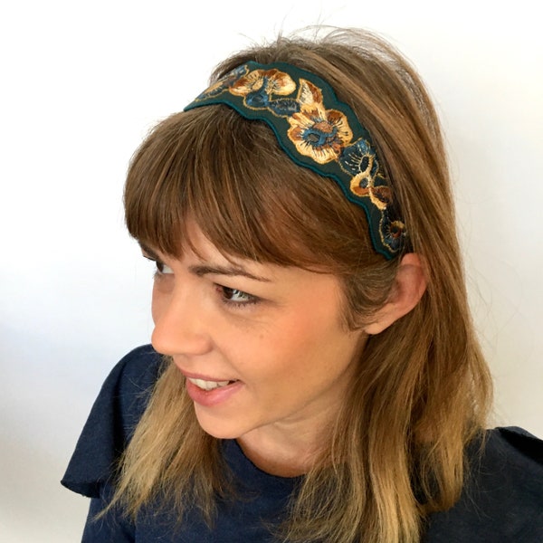 Pine green headband diadem with golden yellow and peacock blue embroideries