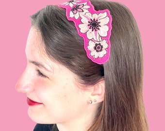 Woman Headband with embroidered flowers , 5 available colors