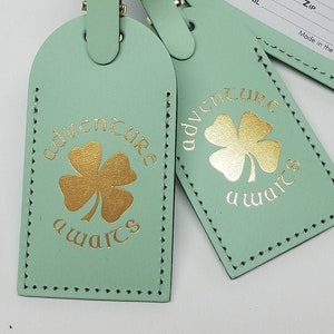 Adventure Awaits with Shamrock Luggage Tag Gifts Traveler Wedding Birthday Baby Shower & More CurrysLeather Mint GOLD