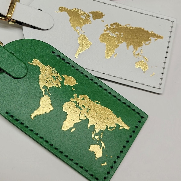 Solid World Map Luggage Tag Gifts - Traveler - Wedding - Birthday & More! Made in Massachusetts, USA! @CurrysLeather