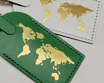 Solid World Map Luggage Tag Gifts - Traveler - Wedding - Birthday & More! Made in Massachusetts, USA! @CurrysLeather